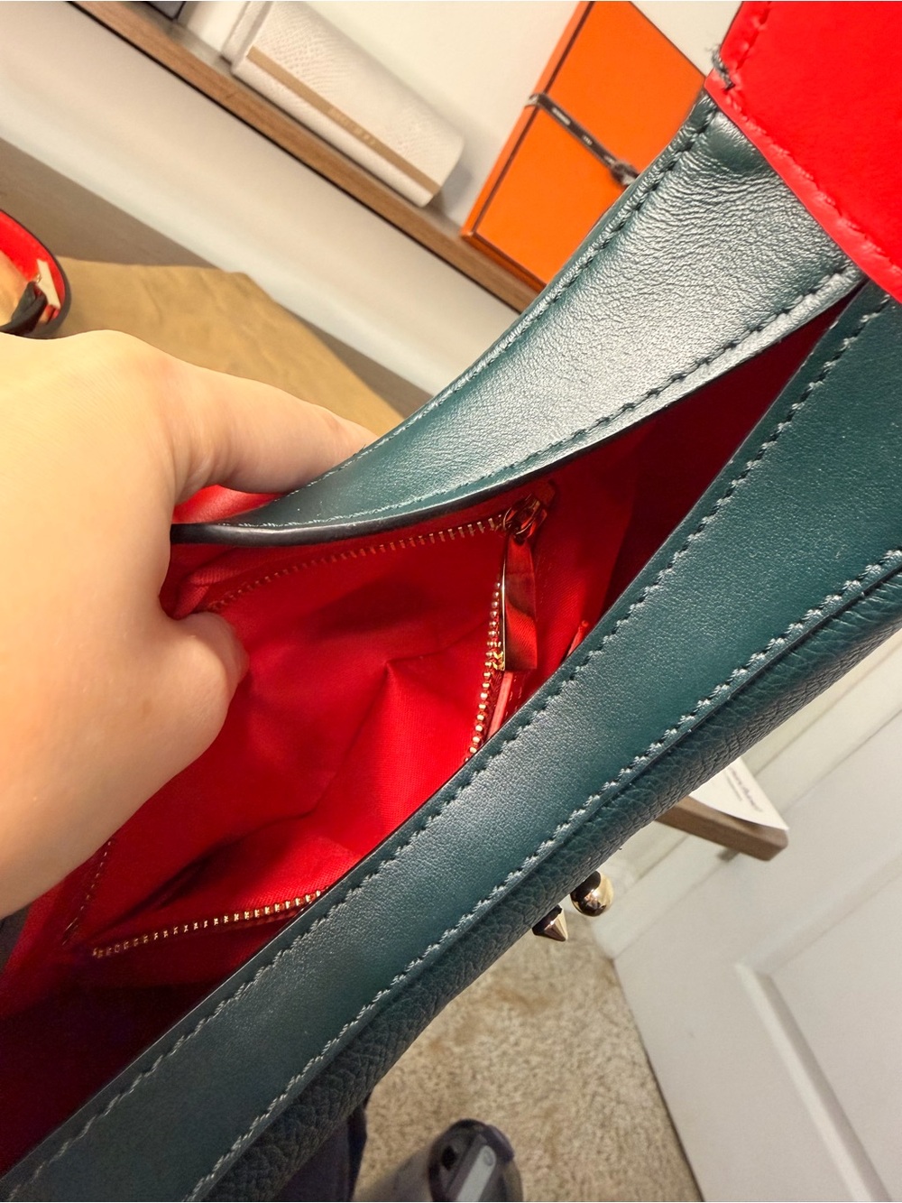 AUTHENTIC - Louboutin Small Leather Carasky in Dark Forest Green/Red - Picture 13 of 16